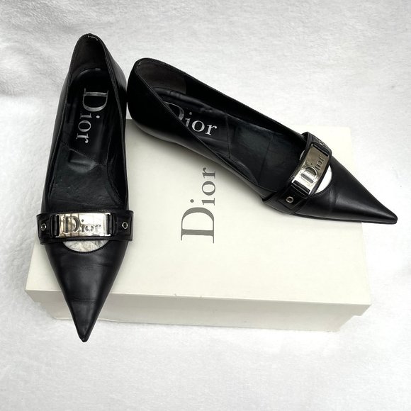 Auc DIOR Flat Pointy Black Ballerina Shoes 6 - Picture 1 of 14